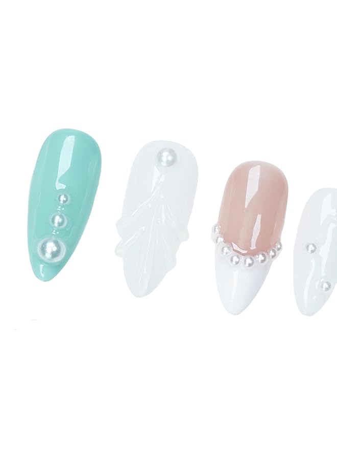 3D Pearl Press On Nails Medium Almond- Handmade Nude Base Mint Green with 3D Leaf Design -Gel Acrylic 10pcs Reusable (Forest Elves, Size M)