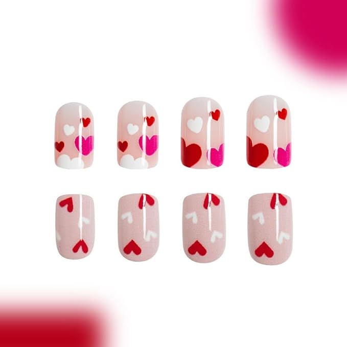 2 Packs 48Pcs Heart Press on Nails Short Square Fake Nails Valentine's Day False Nails Cute Heart Love Glue on Nails Kid Glossy Reusable Artificial Acrylic Nails for Women Girls Nails Decoration