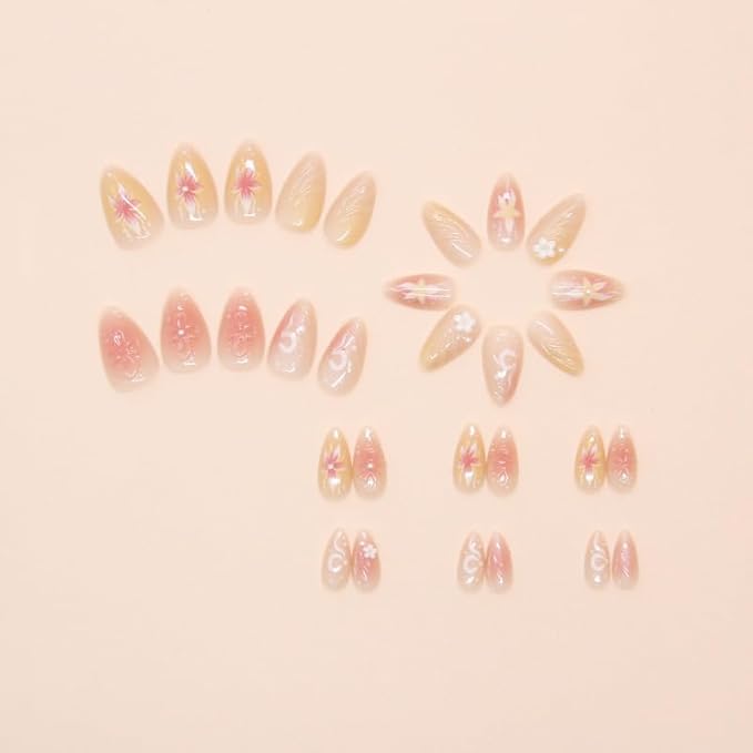 Press on Nails Short Almond Fake Nails 3D Flowers Acrylic Nails Glossy Floral False Nails with Chrome Artificial Nails Full Cover Soft Gel Glue on Nails for Women Girls Manicure Art Decoration