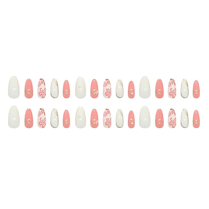 30Pcs Pink Flower Press on Nails Medium Almond Fake Nails with Pearl Designs 3D Water Ripple Glue on Nail Gold Irregular Lines Acrylic Nail Spring Summer Stick on Nails for Women Manicure Art Kit