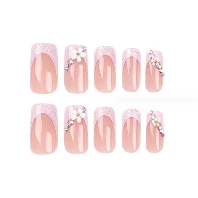 3D Flower Fake Nails Square Pink French Press on Nails Long Bling Glossy Rhinestone False Nail Tips Artificial Nails Finger Manicure for Women and Girls 24pcs