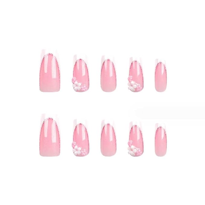 Press on Nails Long Rhinestone Pink Fake Nails Square Bling Glossy 3D Flower Artificial Nails Finger Manicure for Women and Girls-24pcs (Long Nails 5)