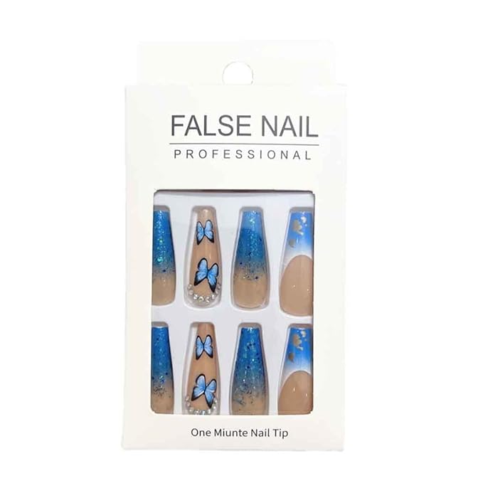Artificail Extra Long Press on Rhinestone Nails Butterfly Fake Nails with Sequins Glitter Acrylic Blue Full Cover Fake Nails with Design Nail Tips for Women&Girls, 24PCS