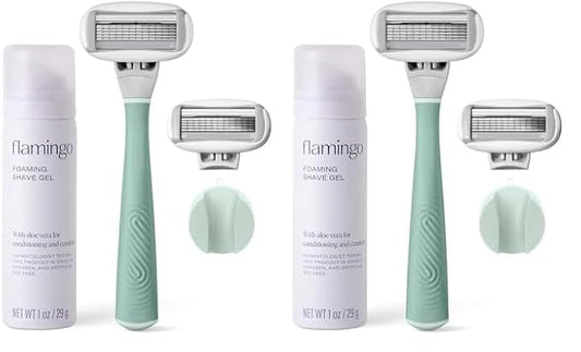 FLAMINGO 5-Blade Razors for Women - 1 Razor Handle + 1oz Foaming Shave Gel + 1 Shower Holder - Sage (Pack of 2)