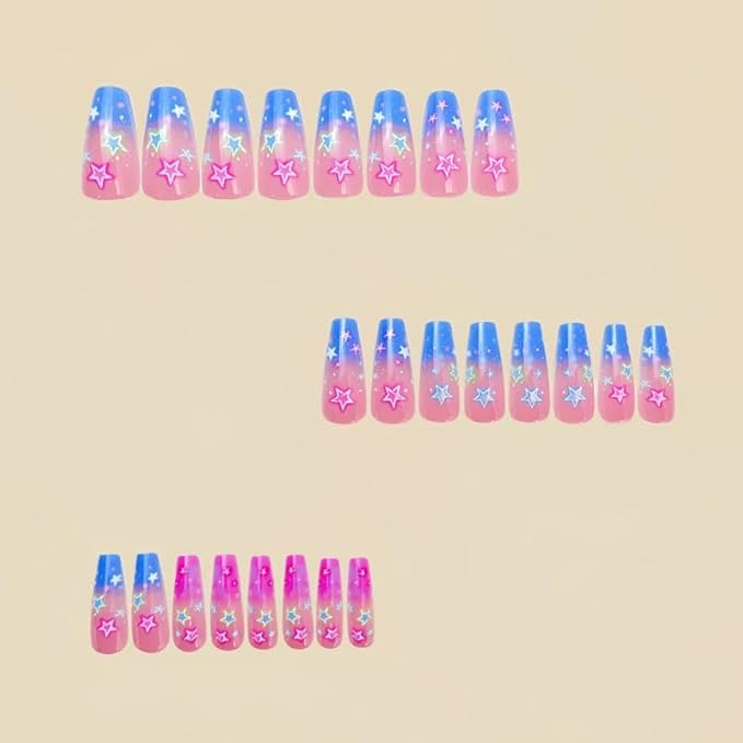 Long Press on Nails Coffin Shape with Stars Design Fake Nails Hot Girl Glue on Nails for Prom and Party Gift for Women 24pcs