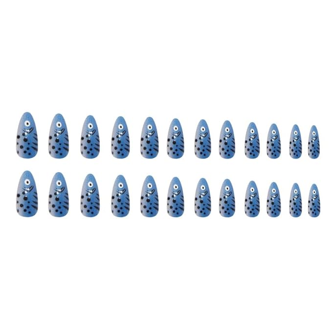 Blue Fish Press on Nails Medium Almond Fake Nails Summer False Nails Press on Ocean Cat Eye Glue on Nails Glossy Acrylic Nail for Women Manicure Art 24Pcs