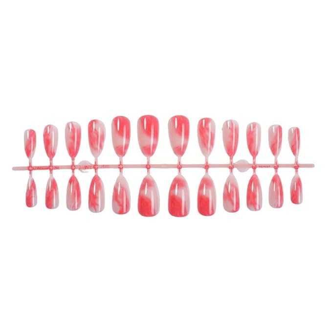 Press on Nails Almond Fake Nails Short Red Acrylic False Nails Press ons Glossy Gradient Marble Glue on Artificial Nails Full Cover Stick on for Women Manicure Art Decoration 24Pcs