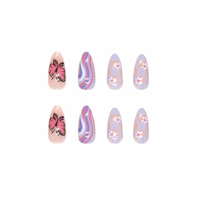 Butterfly Press on Nails Medium, Amlond Fake Nails Acrylic False Pink Nails,Artificial Nails for Women and Girls 24 pcs