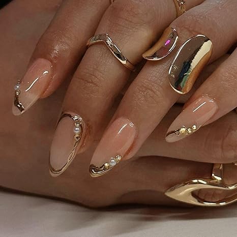Press on Nails Almond Fake Nails French Tip False Nails Press ons Medium Gold Line Glue on Acrylic Nails Glossy Full Cover for Women Manicure Decoration 24Pcs