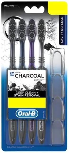 Oral-B Cavity Defence Deep Clean + Whitening Toothbrush with Charcoal Extract Bristles, Tongue Cleaner and Hygienic Head Caps, Medium, Pack of 4