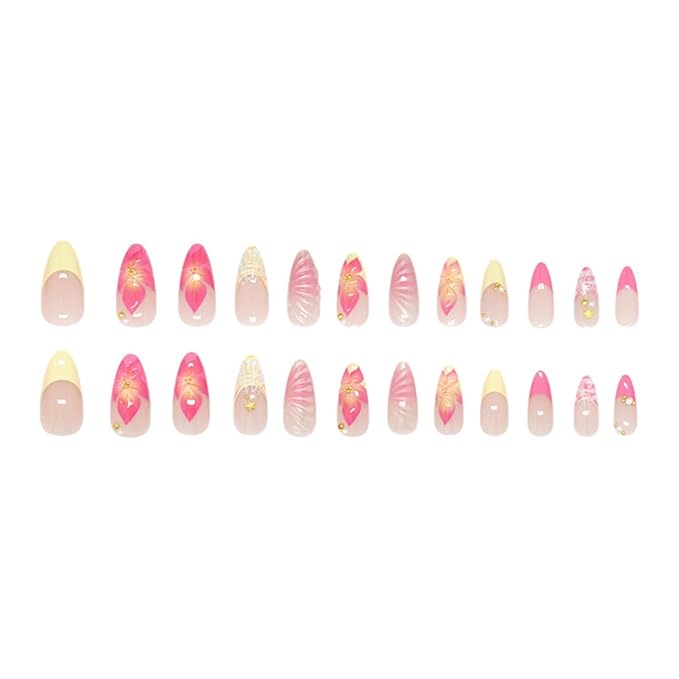 24Pcs Pink Flower Press on Nails Medium Almond French Tip Fake Nails with Gold Shell Pearl Rhinestones Design Summer Full Cover Artificial Glue on Nails Cute Acrylic Stick on Nails for Women DIY