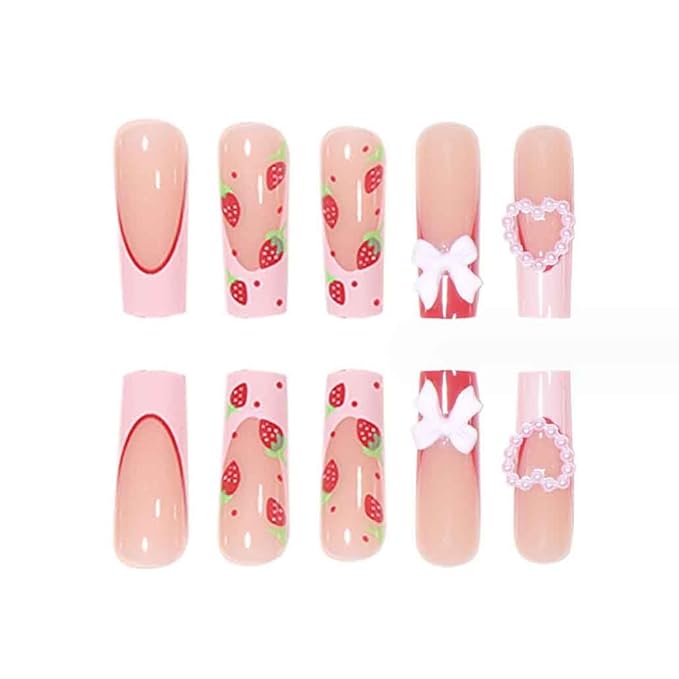 Press on Nails Long Rhinestone Pink Fake Nails Square Bling Glossy Artificial Nails Finger Manicure for Women and Girls-24pcs (Long Nails 3)