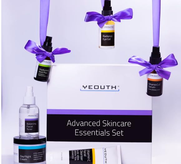 YEOUTH Skin Care Set: Hyaluronic Acid Serum, Vitamin C Serum, Face Cleanser, Toner, Under Eye Gel, Face Cream, 6-Piece Skincare Kit For Women & Men