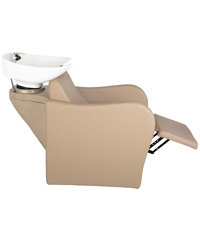 Buy-Rite Lexus Backwash Unit - Professional Salon Shampoo Chair w/Tilting Porcelain Bowl, Wide Seat, Kick-Out Legrest, Single Handle Faucet & Neck Rest – Sand Vinyl w/White Bowl, TS-8018B