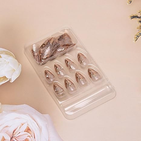 Gold Fake Nails Short Almond Press on Nails French Tip False Nails 3D Gold Irregularity Chrome Design Star Glue on Artificial Acrylic Nails for Women Manicure Art 24Pcs