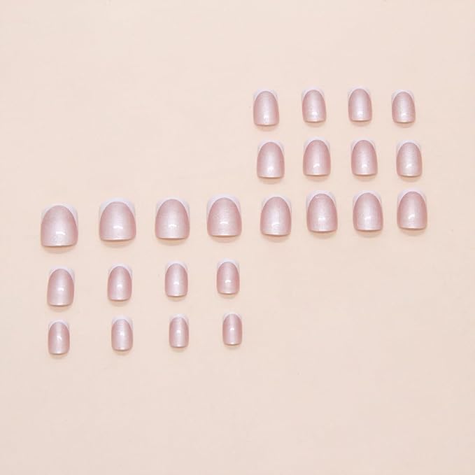 24Pcs French Tip Press on Nails Short Square Fake Nails Pearl Shine False Nail Glossy Glitter Acrylic Nail Full Cover Glue Stick on Nails French Tips Artificial Fingernails for Women