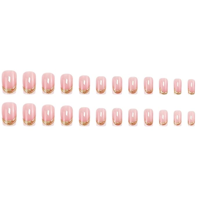 French Tip Press on Nails Square Fake Nails Pink 3D Gold Texture Acrylic Nails Medium False Nails with Designs White French Nails Stick on Nails for Women Glue on Nails with Adhesive Tabs Nail File