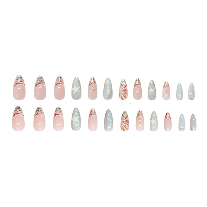 3D Star Pearl Summer Blue Press On Nails Medium Almond, Shell French Tip Designer Reusable Acrylic Fake Nails With Glue On Nails, Nails Press Ons Ocean Beach Charms False Nails For Women Gift