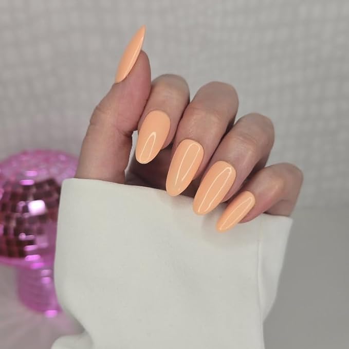 Wooyas Press on Nails Almond，Reusable Handmade Gel Fake Nails Medium Glossy，Lightweight Natural Fake Nail in 12 Sizes - 24 Pcs Soft Gel Glue On Nails Kit，Light Peach Color