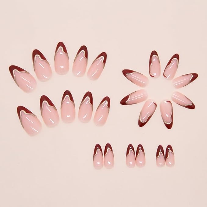 French Tip Press on Nails Wine Red Almond Fake Nails Medium Gold Stripes Acrylic False Nails Nude Glue on Artificial Nails for Women Manicure 24Pcs