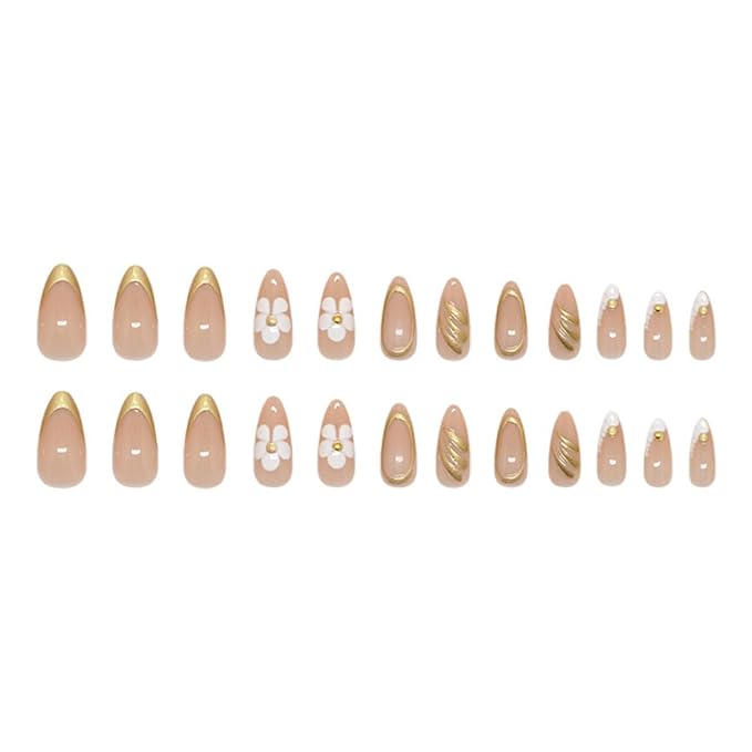 Medium Almond Press on Nails Gold French Tip Fake Nails White Flower Press ons Luxury Stiletto Glue on Nails 3D Gilded Lines Pearls Design Acrylic Glossy False Nails for Women Girls 24Pcs