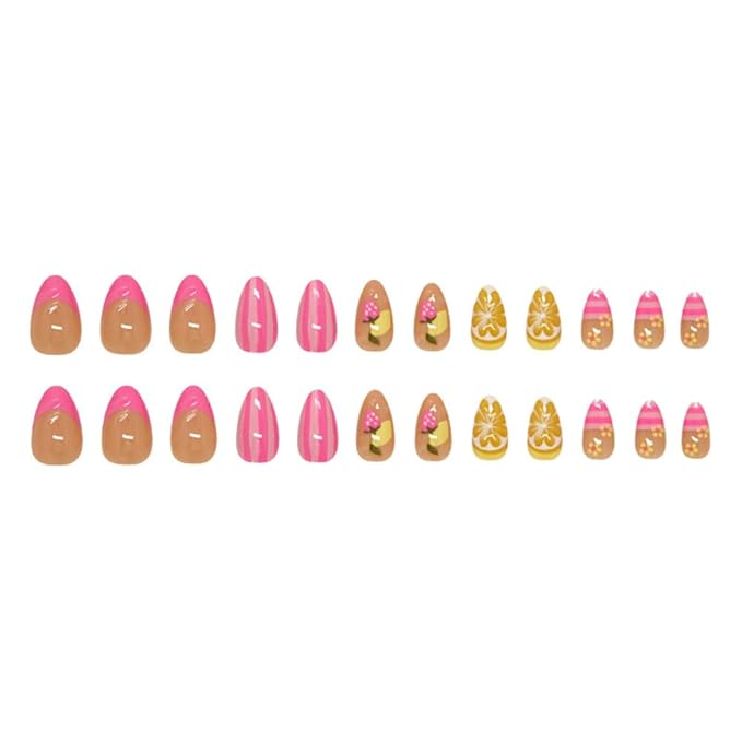Fruit Press on Nails Short Almond Stick on Nails with 3D Lemon Strawberry Stripe Design Pink French Tip Fake Nails Acrylic Glossy Autumn Glue on Nail for Women Girls Manicure 24Pcs