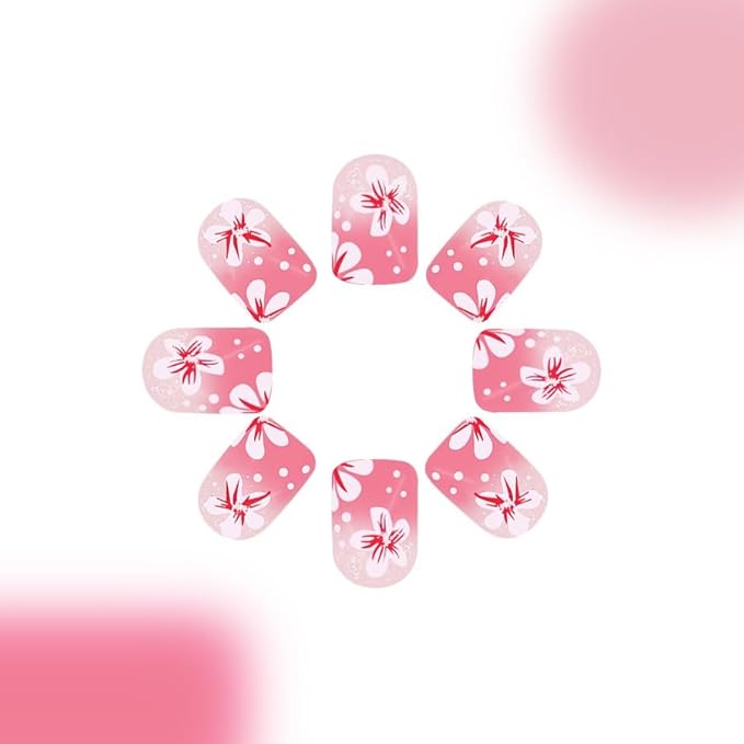 Flowers Press on Nails Short Square Fake Nails Florals False Nails Pink Glossy Full Cover Ombre Acrylic Nails Summer Glue on Nails Cute Artificial Stick on Nails for Women Manicure 24 Pcs