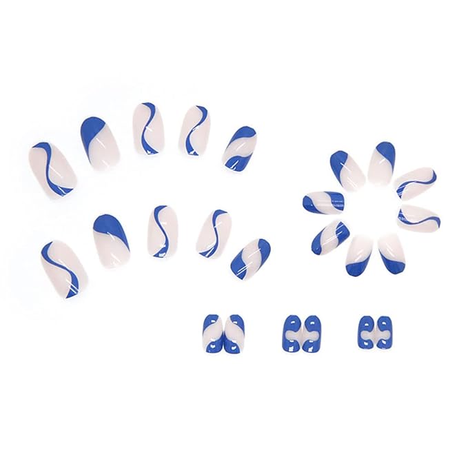 RikView French Tip Press on Nails Short Fake Nails Oval Blue Nails for Women with Swirls Design
