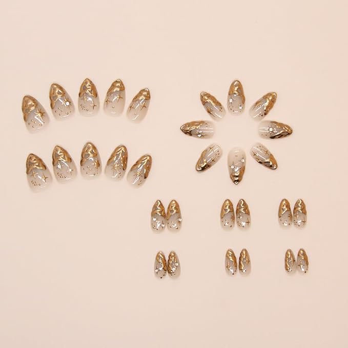 Gold Fake Nails Short Almond Press on Nails French Tip False Nails 3D Gold Irregularity Chrome Design Star Glue on Artificial Acrylic Nails for Women Manicure Art 24Pcs