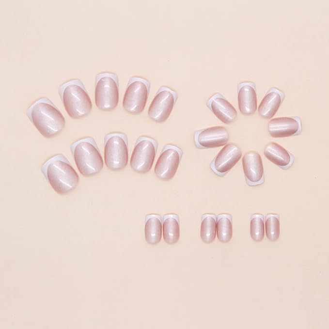 24Pcs French Tip Press on Nails Short Square Fake Nails Pearl Shine False Nail Glossy Glitter Acrylic Nail Full Cover Glue Stick on Nails French Tips Artificial Fingernails for Women