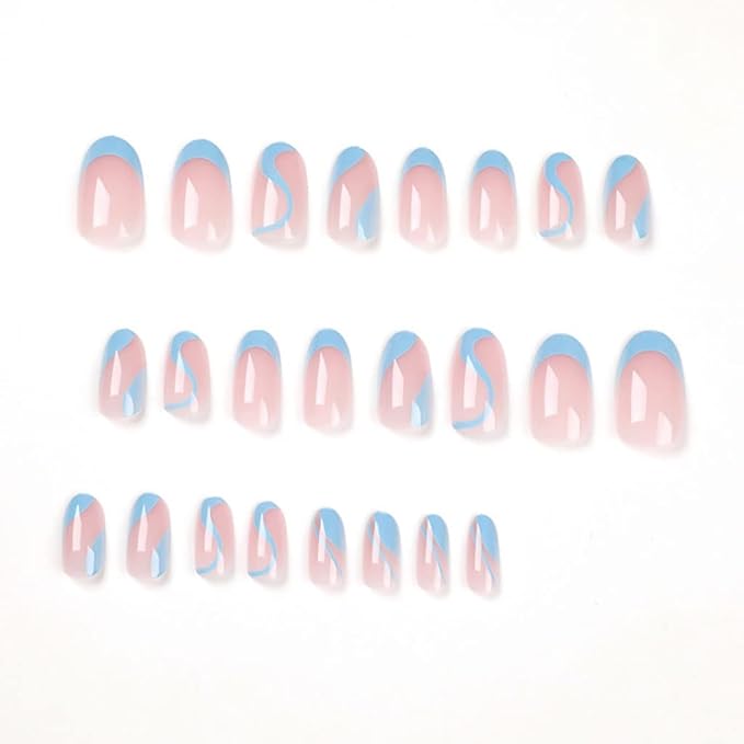 RikView French Tip Press on Nails Medium Fake Nails Blue Nails with Swirls Design Almond Acrylic Nails