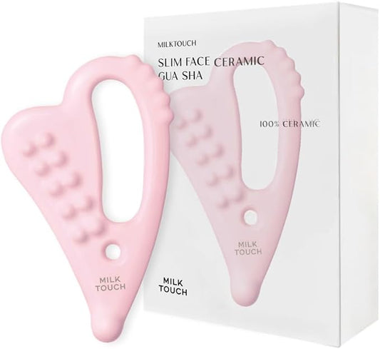 MILKTOUCH Face Lifting Ceramic Pink Gua Sha - Double Chin Lift, Muscle Relief Massage Tool for Face and Body, Korean Self Care Gua Sha
