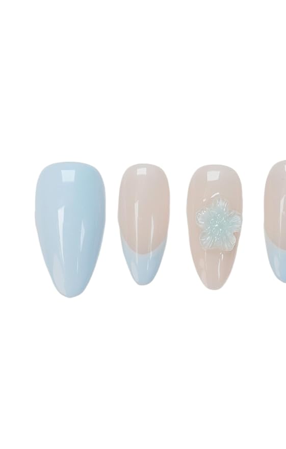 3D Blue Floral Press On Nails Medium Almond- Handmade Nude Base Blue French-Tip Salon Gel Acrylic Nails-Reusable Full Set 10pcs (Crystal Flower, Size M)