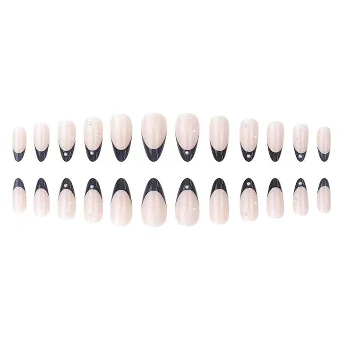 RikView French Tip Press on Nails Medium Acrylic Nails with Pearls Black Press on Nails Almond Fake Nails