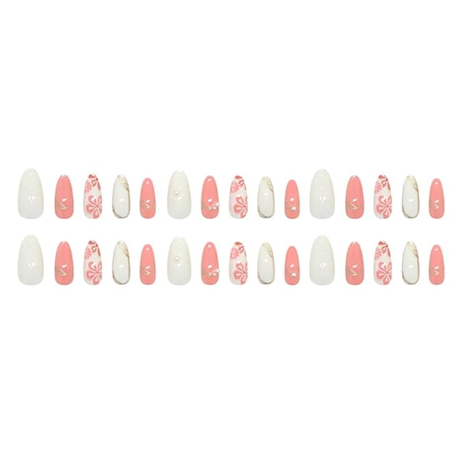 24Pcs Flower Press on Nails Almond Medium Fake Nails Romantic Encounter False Nails with 3D Flowers Pearls Designs Luxury Acrylic Nail Art Supplies Full Cover Artificial Fingernails for Women
