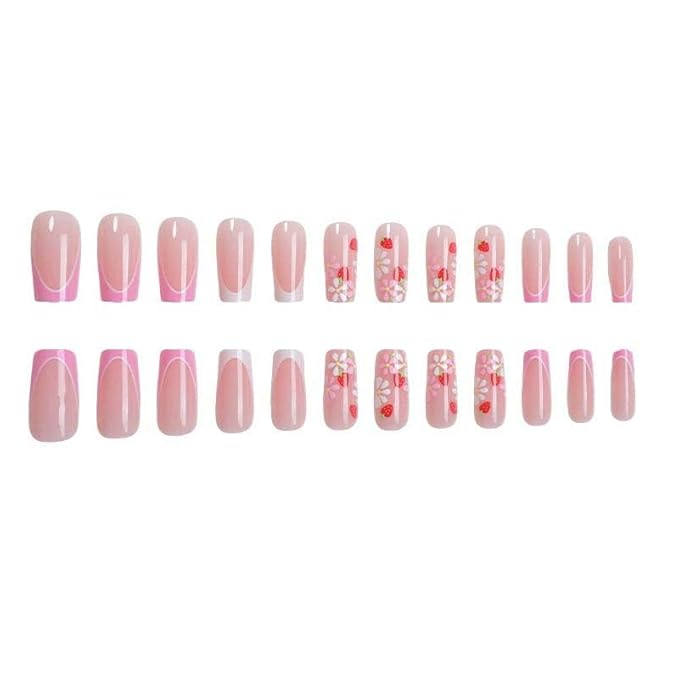 Medium Press on Nails Square Shape Cute Fake Nails with Flower Design Pink French Tip False Nails Summer Glue on Nails for Women 24pcs