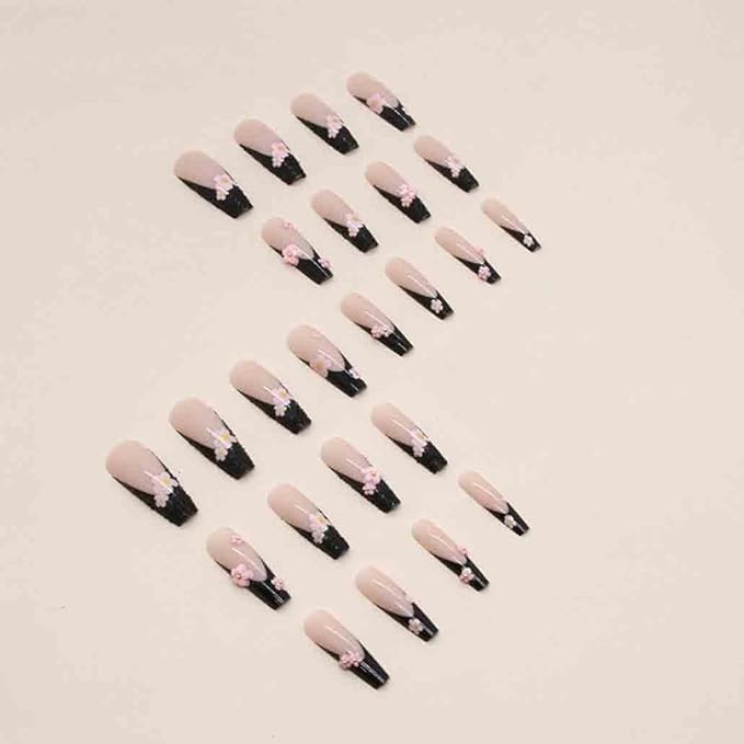 Black Press on Nails Long French 3D Flower Fake Nails Coffin Glossy False Nail Tips Artificial Nails Finger Manicure for Women and Girls,24pcs