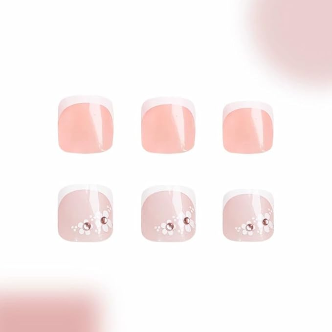 2 Packs 48Pcs French Tip Press on Toenails Short Square Fake Toe Nails Flowers Rhinestone Design Glossy Acrylic False Toenails Full Cover, Glue Stick On Nails for Women's Manicure