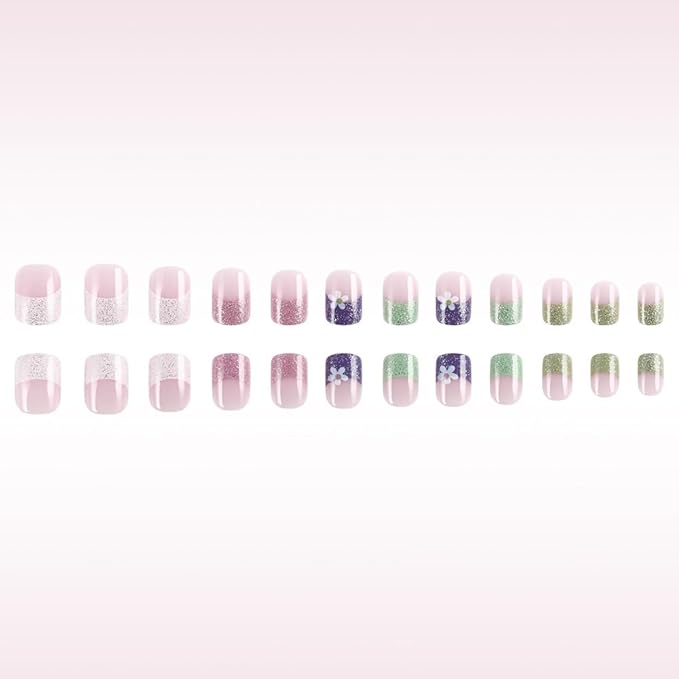 French Tip Flower Press on Nails Short Square Spring Fake Nails Small Flowers Glue on Nails Full Cover Stick on Nails with Glitter Design Acrylic False Nails Spring Summer Artificial Nails for Women