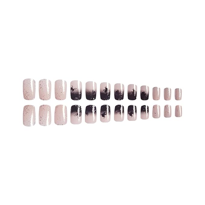 24Pcs Halloween Press on Nails Short Square Spider Web Fake Nails Black Spider with Glitter Tips Full Cover Glue on Nail French Tip False Nails Cute Halloween Stick on Nail for Girls Acrylic Nails