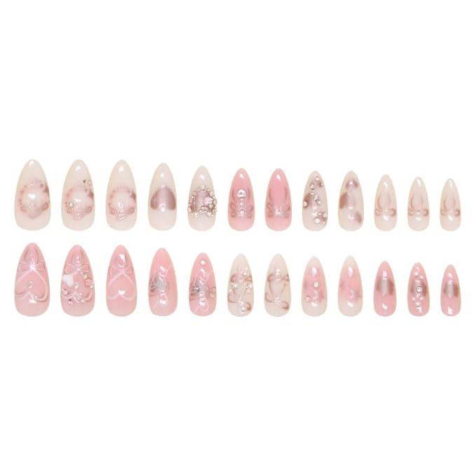 3D Handmade Spring & Summer Pink Press On Nails Almond Medium 24 Pcs, Heart Pearl Designer Reusable Acrylic Fake Nails with Glue, Wedding and Party, Daily wear Nails fro Women Gift