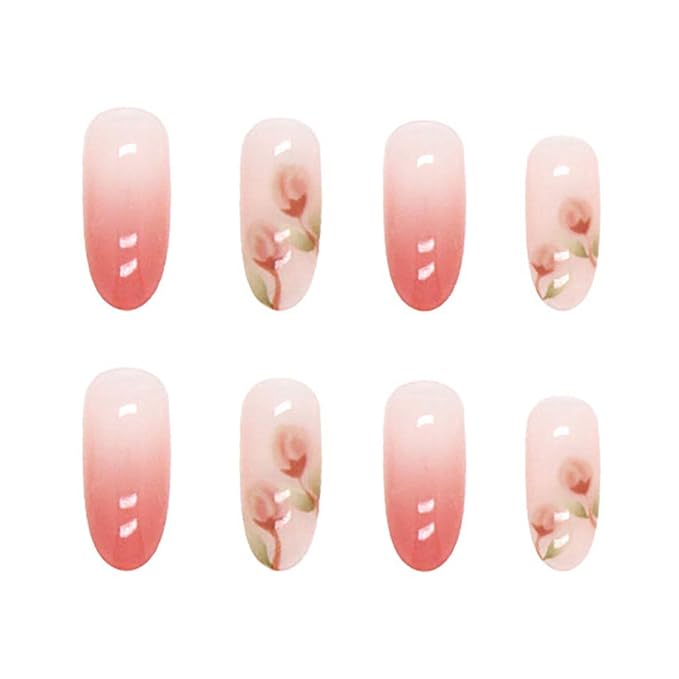 RikView French Tip Press on Nails Medium Stick on Nails Pink Fake Nails Almond Nails for Women with Flowers Design