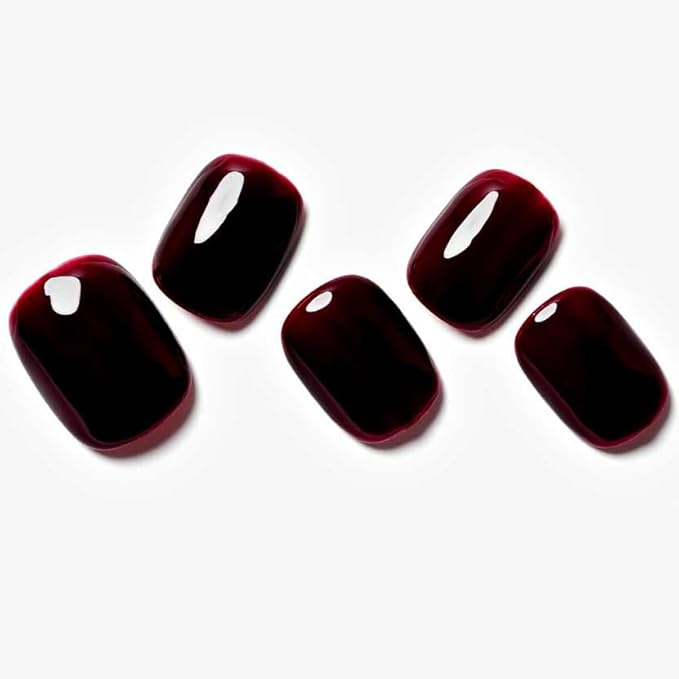 GLAMERMAID Extra Short Press on Nails 24PCS, Handmade Gothic Burgundy red Jelly Fall Gel Glue on Nails, Glossy Round Reusable UV Finish Fake Nails Acrylic False Nails Manicure Kits for Women