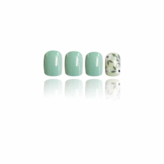 Short Square Fake Nails Green Fake Nails Flower with Leaf Design Cute False Nails Full Cover Acrylic Nails Artificial Nails Glossy Glue on Nails Floral Stick on Nails for Women Manicure 24Pcs