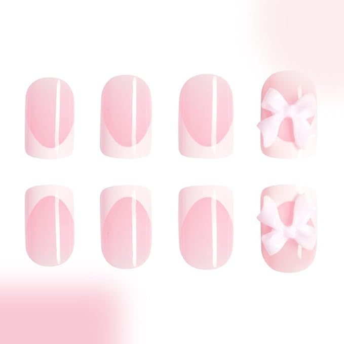 2 Packs 48Pcs French Tip Press on Nails Short Square Fake Nails Bow Charms Acrylic False Nails Cute Glue on Nails Reusable Artificial Nails Stick on Nails for Women Girls Manicure Nails Decoration