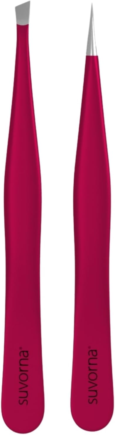 Suvorna Professional Tweezers for women facial hair - Sharp Pointed Tweezer & Slanted Eyebrow Tweezers for Women - Eyebrow Tweezer for Women, Lash tweezers and Splinter removal (4-inch size, Pink)