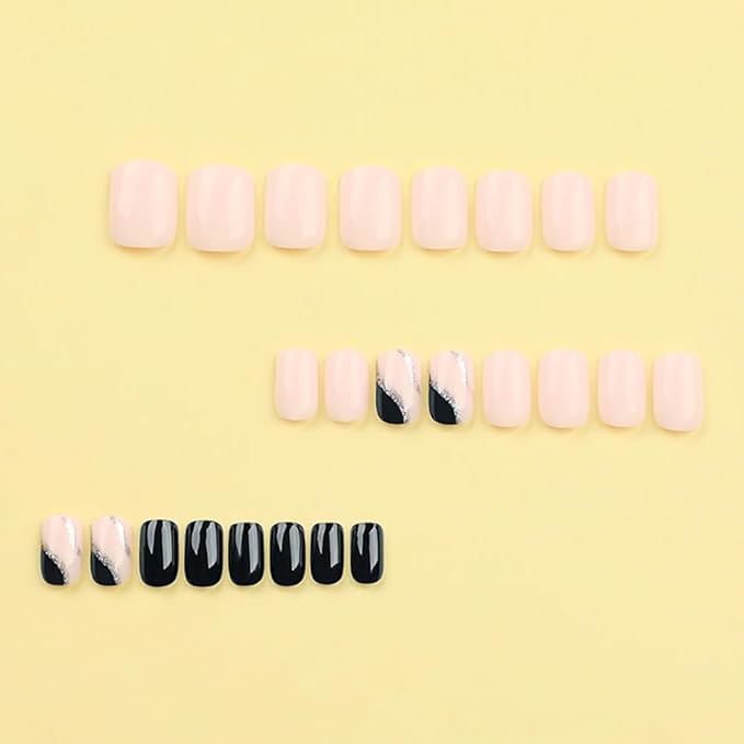 Press on Nails Short Square, Light Pink Fake Nails Kit with Obsidian Line Designs, Glossy Acrylic Press on Nails, Thick Reusable Glue on Nails Short Press on Nails for Women, Obsidian Line