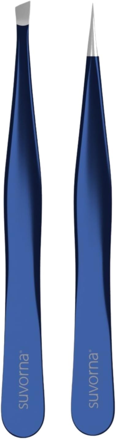Suvorna Professional Tweezers for women facial hair - Sharp Pointed Tweezer & Slanted Eyebrow Tweezers for Women - Eyebrow Tweezer for Women, Lash tweezers and Splinter removal (4-inch size, Blue)