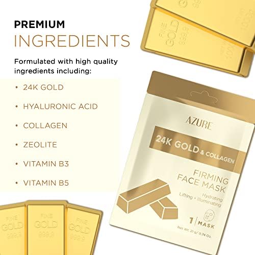 Azure Cosmetics 24K Gold Firming Face Mask- Anti Aging, Hydrating, Toning & Firming Facial Sheet - Helps Reduce Wrinkles & Fine Lines - With Hyaluronic Acid & Collagen - Made in Korea - Pack of 5