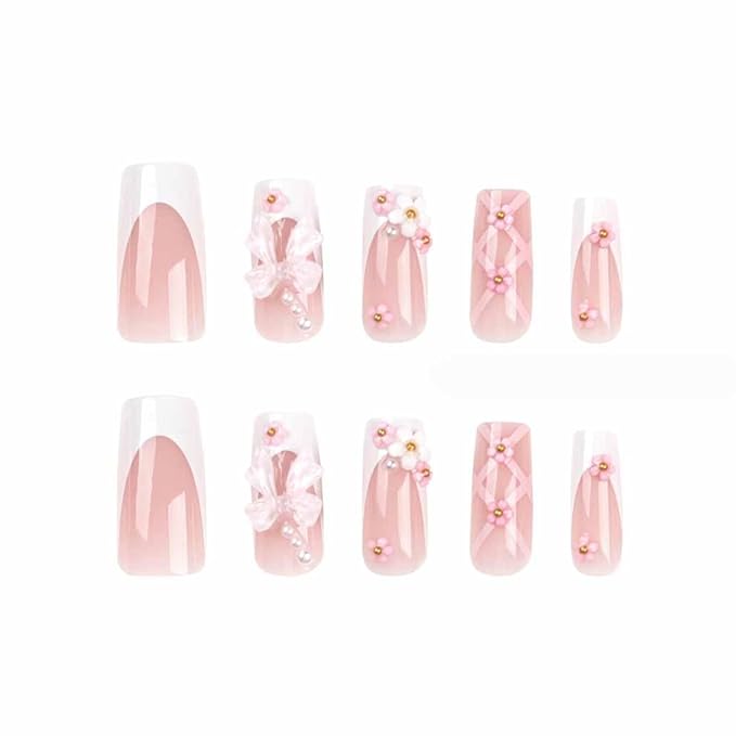 Press on Nails Medium Long Rhinestone Pink Fake Nails Square Bling Glossy 3D False Nail Tips Artificial Nails Finger Manicure for Women and Girls-24pcs
